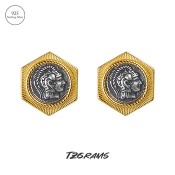 TZgrams Златен цвят, Реколта Престрелки камеи, обеци-на карамфил с монети за жени, сега сребро 925 Проба, Геометрични обеци, модни бижута Изображение