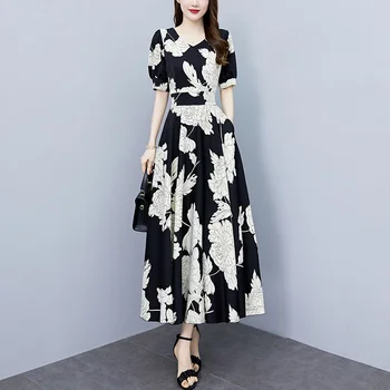 2023 Лятото ново шифоновое рокля за мама висок клас, дълга, с голям размер, с дебела талия, т-образен тънък калъф Изображение