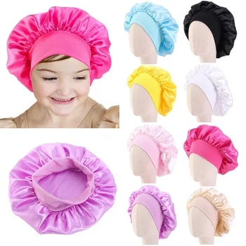 8 цветове За момичета и момчета, Копринено сатен шапчица-чепчик, тюрбан, широките ластични ленти, шапчица да нощен сън Изображение