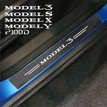 За Tesla, Модел S 3 X Y Защитни етикети на прага на вратата на колата е от въглеродни влакна и стикери с Аксесоари за стайлинг авто интериор Изображение